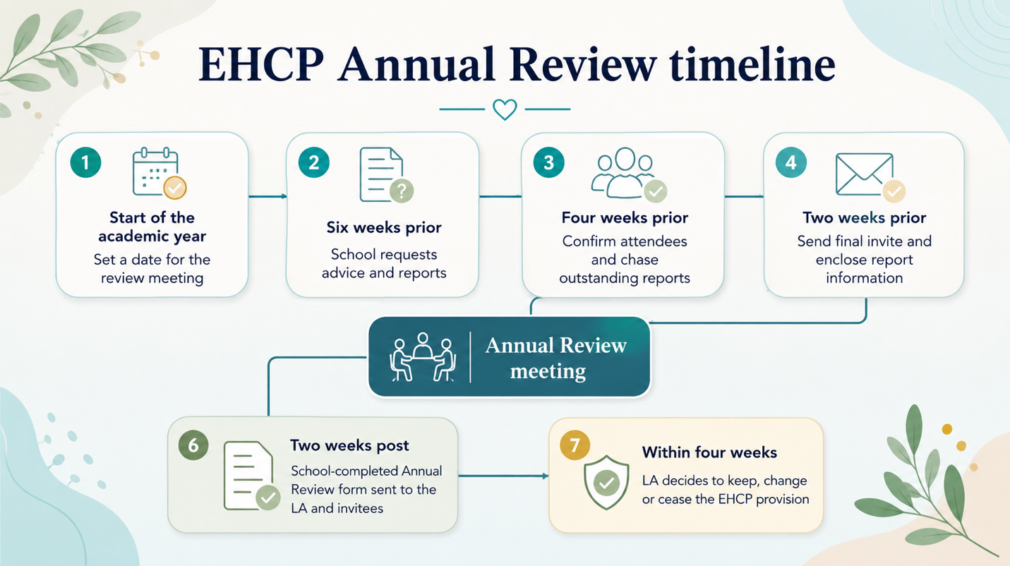 A parent reviewing an EHCP annual review timeline, reports and local authority decision dates.