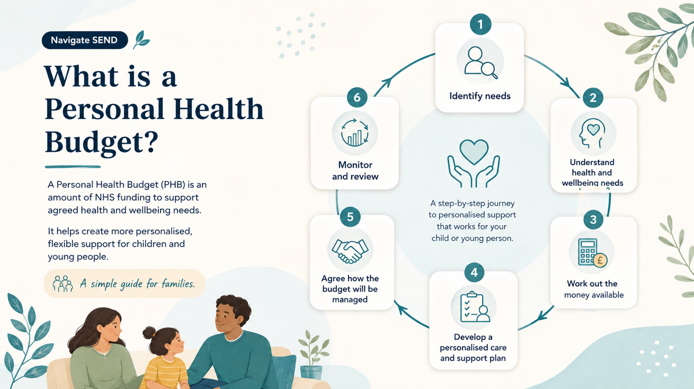 A parent and young person reviewing health and social care personal budget options, including respite, community access and direct payments.
